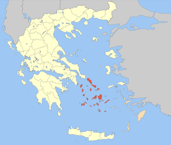 Ubicación en un mapa del Mediterráneo oriental de las Islas Cícladas